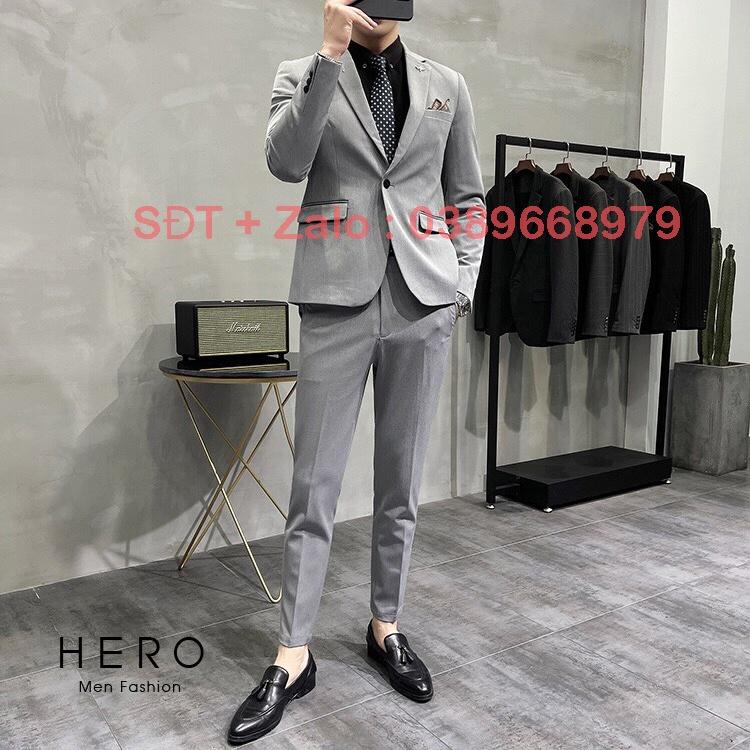 Bộ Vest Nam Cao Cấp màu Ghi Xám chất vải dày dặn, Bộ Suit Nam Hàn Quốc Màu Ghi Xám