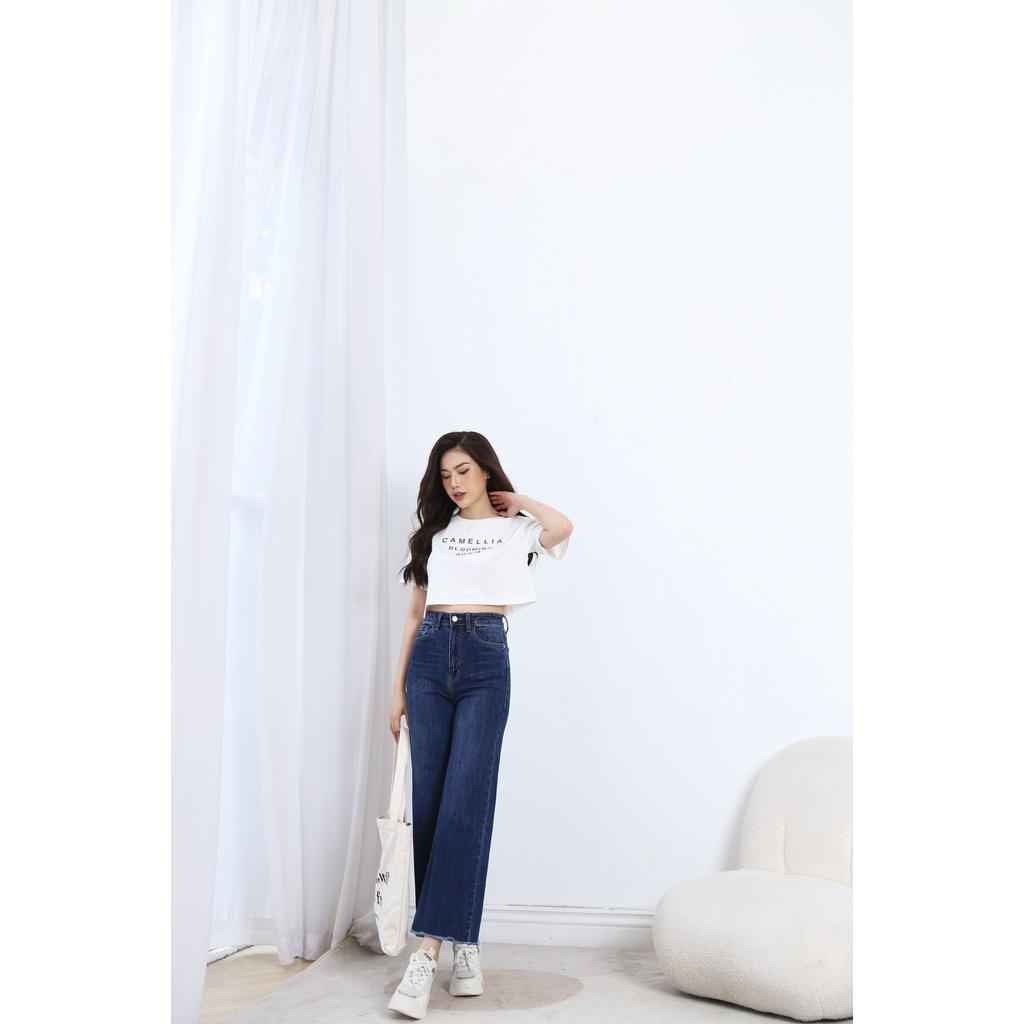 Quần Jean Nữ Ống Rộng Lưng Cao Trơn Gấu Tua Rua CT Jeans