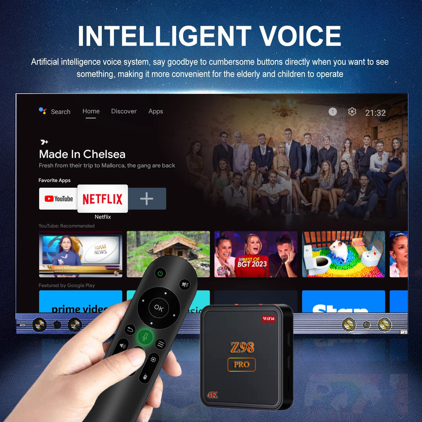 Tivi box Z98 Pro mới có điều khiển giọng nói tiếng việt Ram 4G Rom 32G hỗ trợ bluetooth Wifi băng tần kép cài sẵn chương trình tivi và xem phim HD miễn phí vĩnh viễn - Hàng nhập khẩu