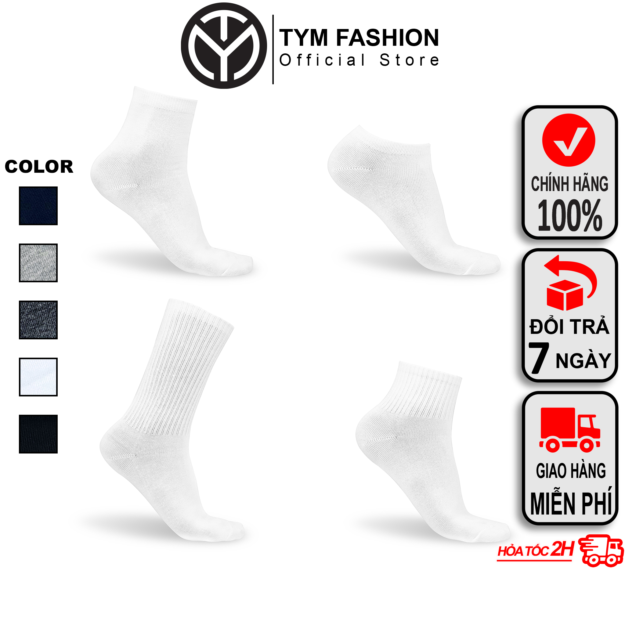 Vớ Cotton dệt cao cấp Nam Nữ TYM - trơn - kích thước Thấp Lửng Cao - Thoáng khí, thấm hút tốt - SOCKT001 - TYM FASHION