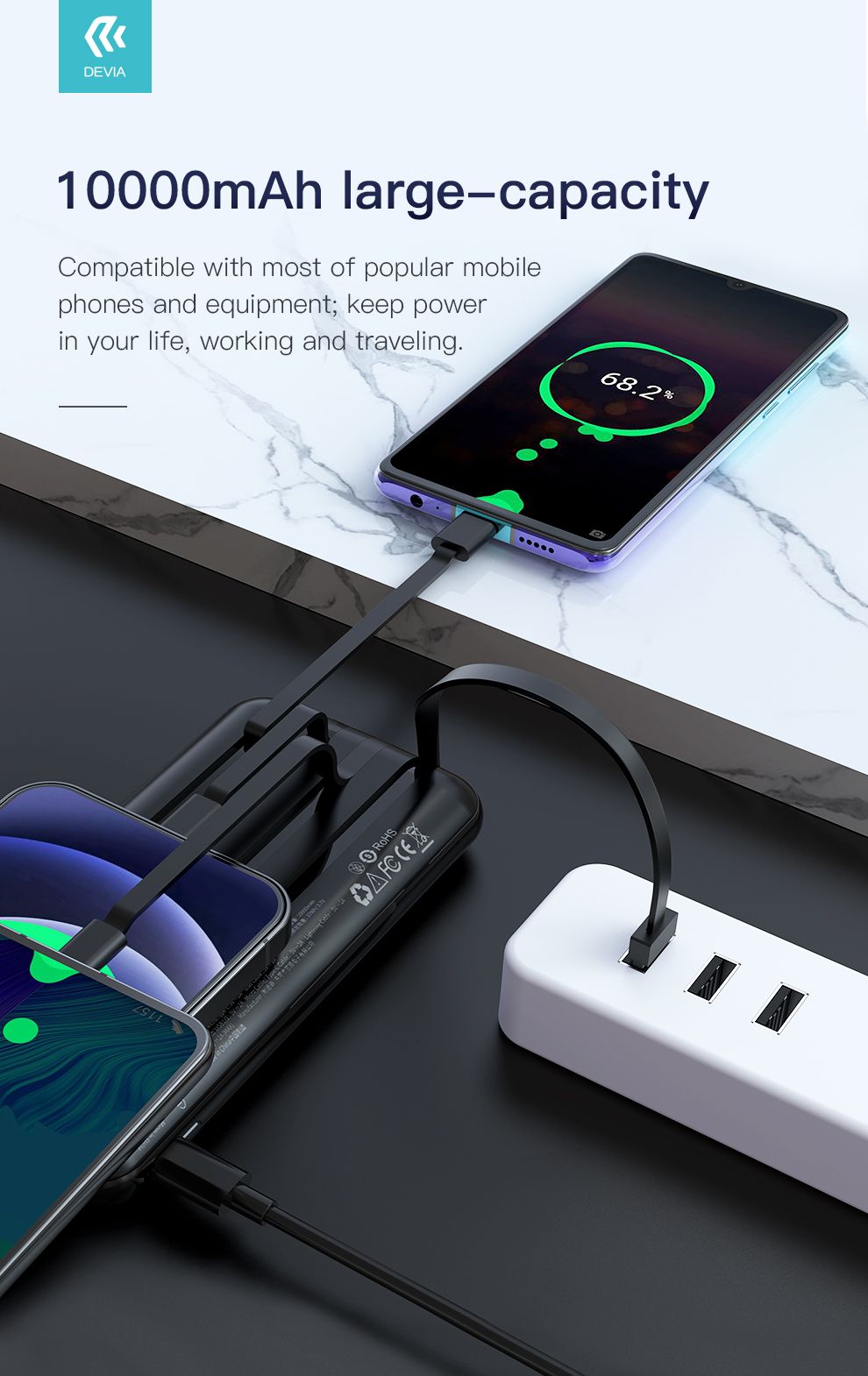 Pin dự phòng Devia Kintone kèm cáp 10.000mAh- Hàng chính hãng