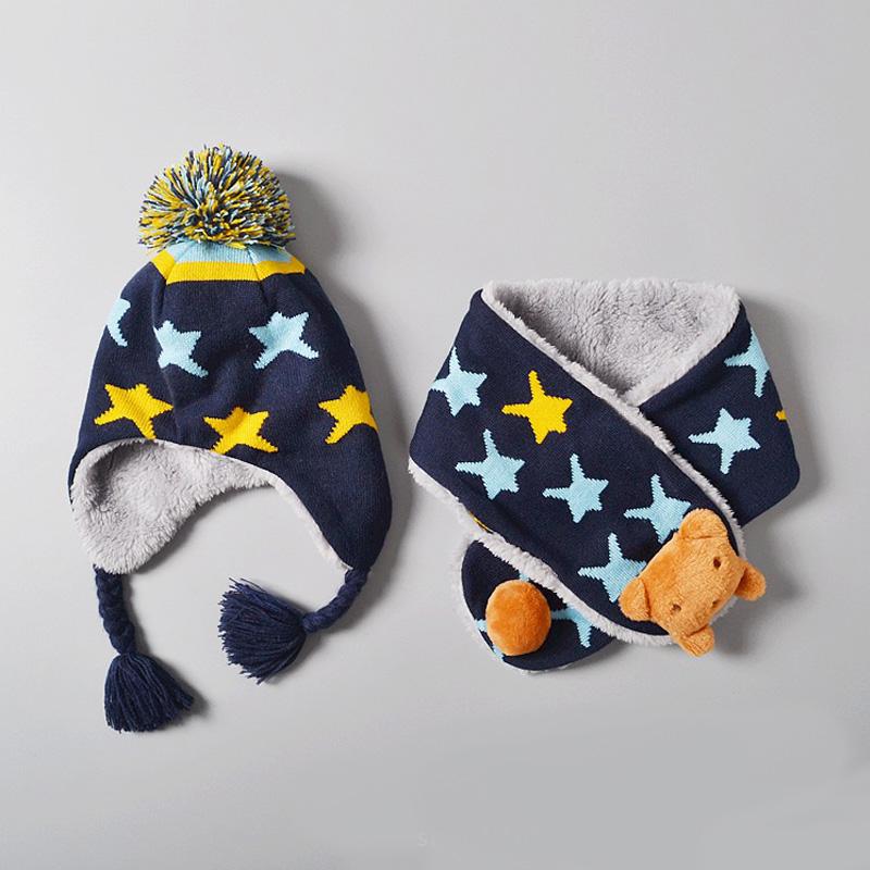 Dễ Thương Cotton Dệt Kim Mũ Len Cho Bé Quốc Dày Ấm Bé Gái Bé Trai Mũ Bò Mùa Đông Tai Ấm Áp Trẻ Em Bonnet trẻ Em Khăn Mũ Bộ