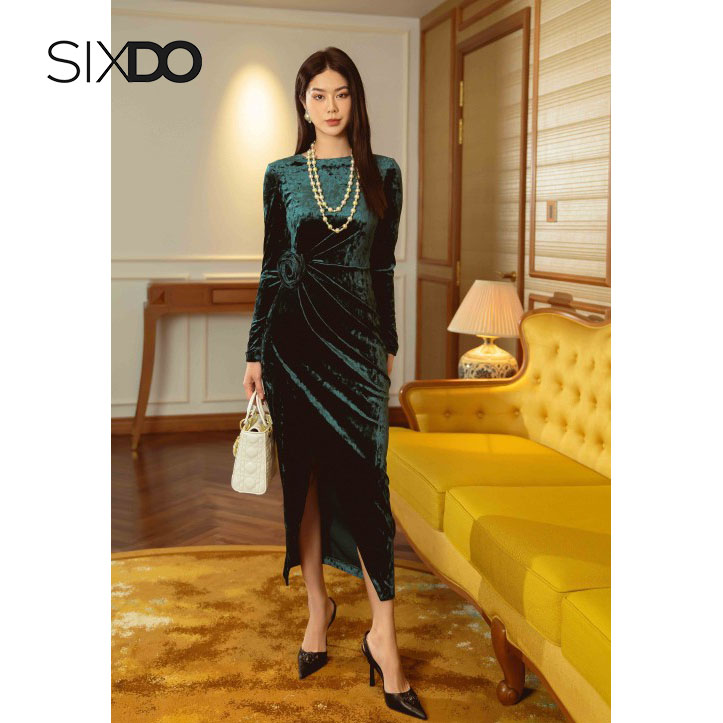 Đầm nhung nhún eo sang trọng thời trang nữ SIXDO