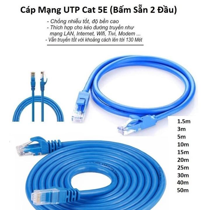Cáp mạng LAN UTP Cat 5E dài 1.5M 3M 5M 10M 15M 20M 25M 30M 40M 50M tùy chọn (dây xanh, bấm sẵn 2 đầu)
