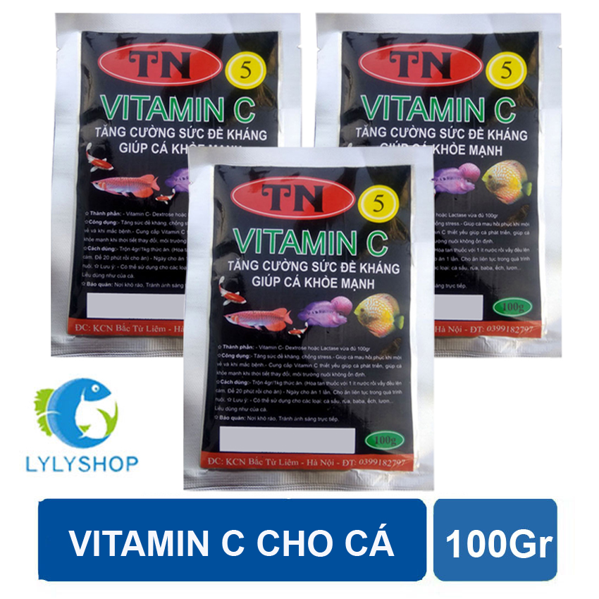 3 Gói Vitamin C hòa tan cho cá cảnh, cá rồng, cá vàng, cá bảy màu guppy, cá rồng, cá Koi 100gr/gói - Giúp tăng sức đề kháng bổ sung vitamin C