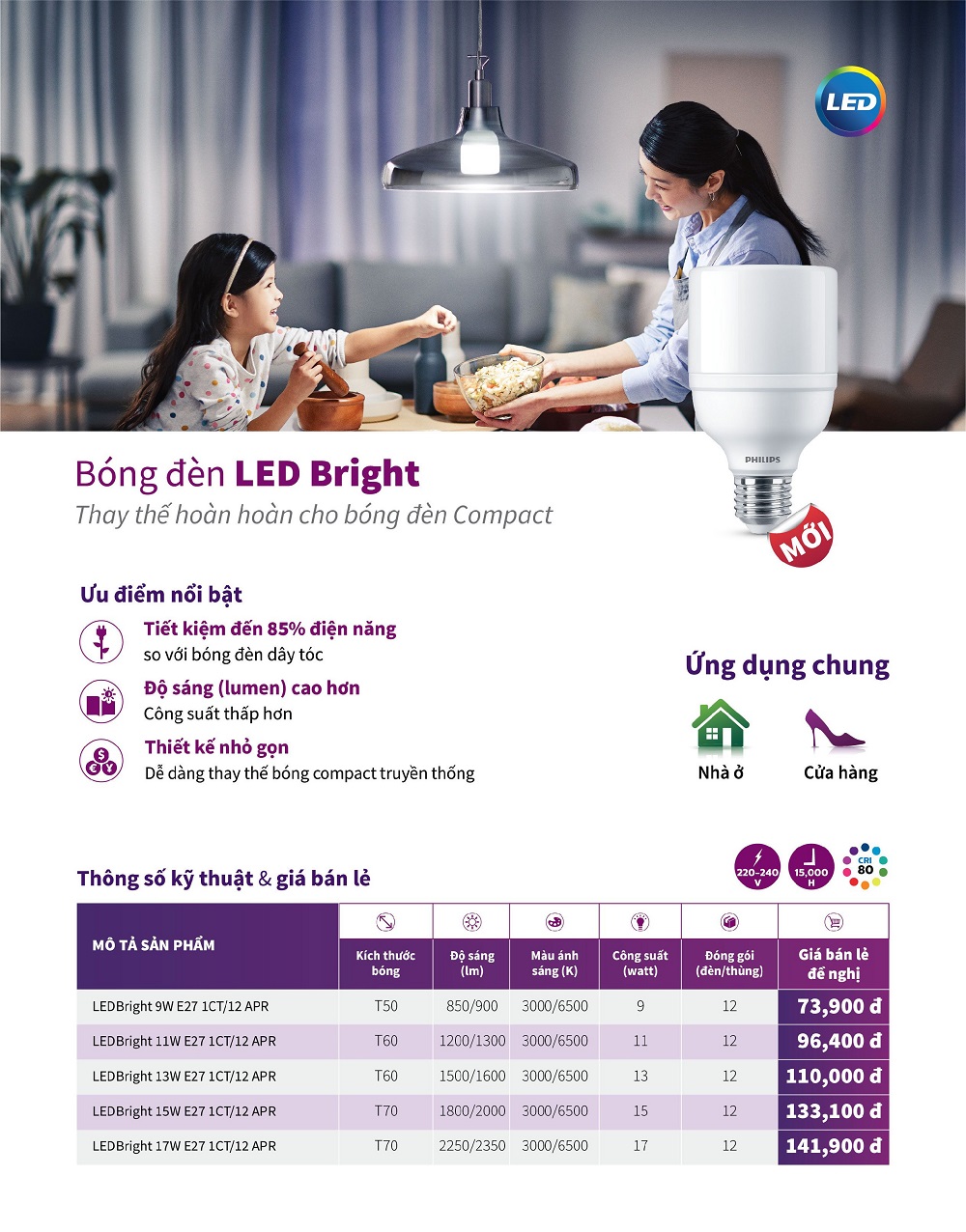 BÓNG ĐÈN LED BRIGHT PHILIPS 11W E27 ( THAY THẾ CHO BÓNG COMPACT - CHỐNG CÔN TRÙNG XÂM NHẬP – TIẾT KIỆM ĐIỆN NĂNG ) – HÀNG CHÍNH HÃNG