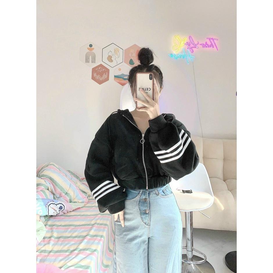 Áo Khoác Hoodie Nữ Kiểu Croptop Phối Viền Sọc Tay Có Nón Vải Thun Nỉ Ngoại Mềm Mịn Phong Cách Thời Trang Cá Tính Mới