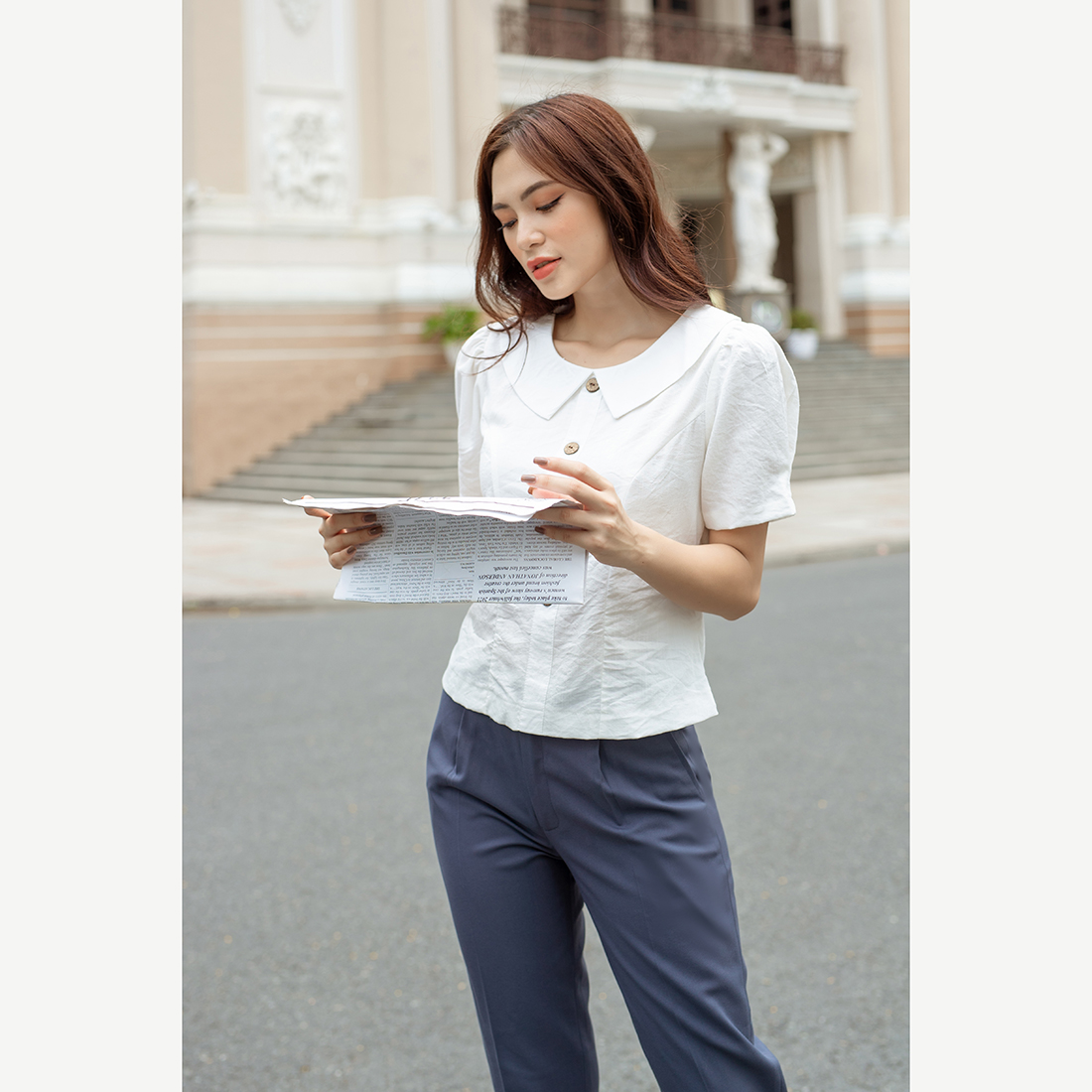 Áo sơ mi kiểu nữ cổ sen nhọn phối nút thiết kế thời trang Eden chất liệu cotton xược thoải mái thoáng mát - ASM184