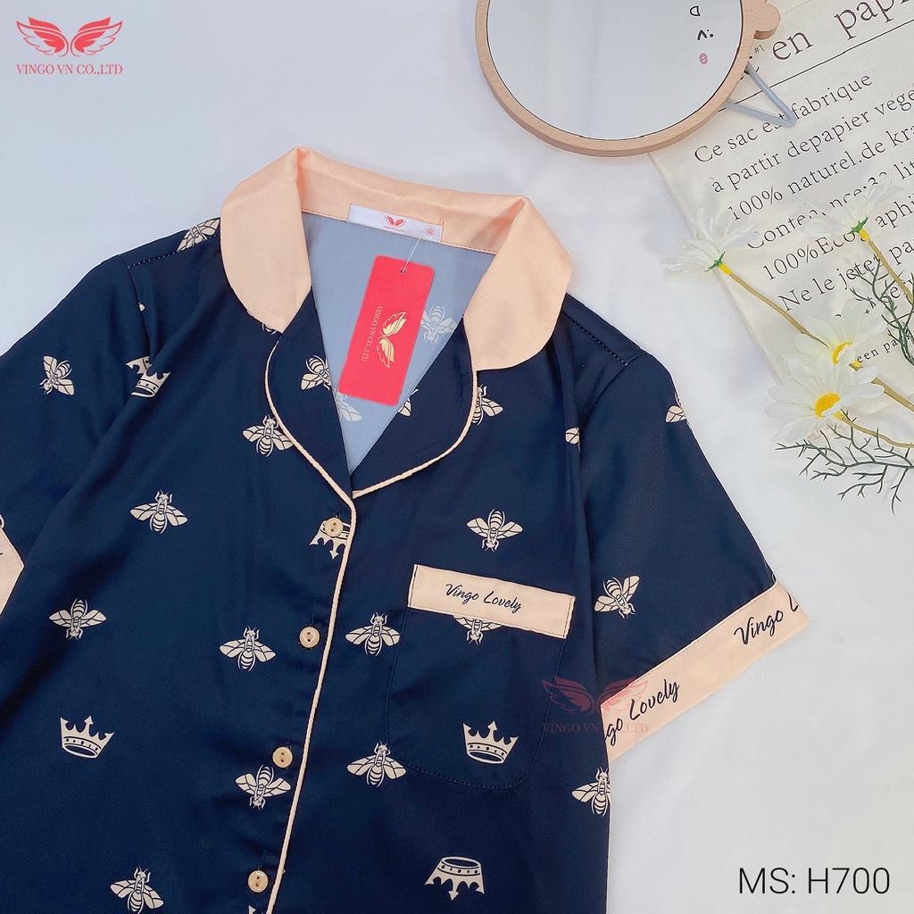 Đồ Bộ Nữ Pijama Mặc Nhà VINGO Lụa Pháp Mềm Mát Tay Cộc Quần Cộc Hoạ Tiết Ong Vàng Nền Đen Sang Chảnh Mùa Hè H700 VNGO