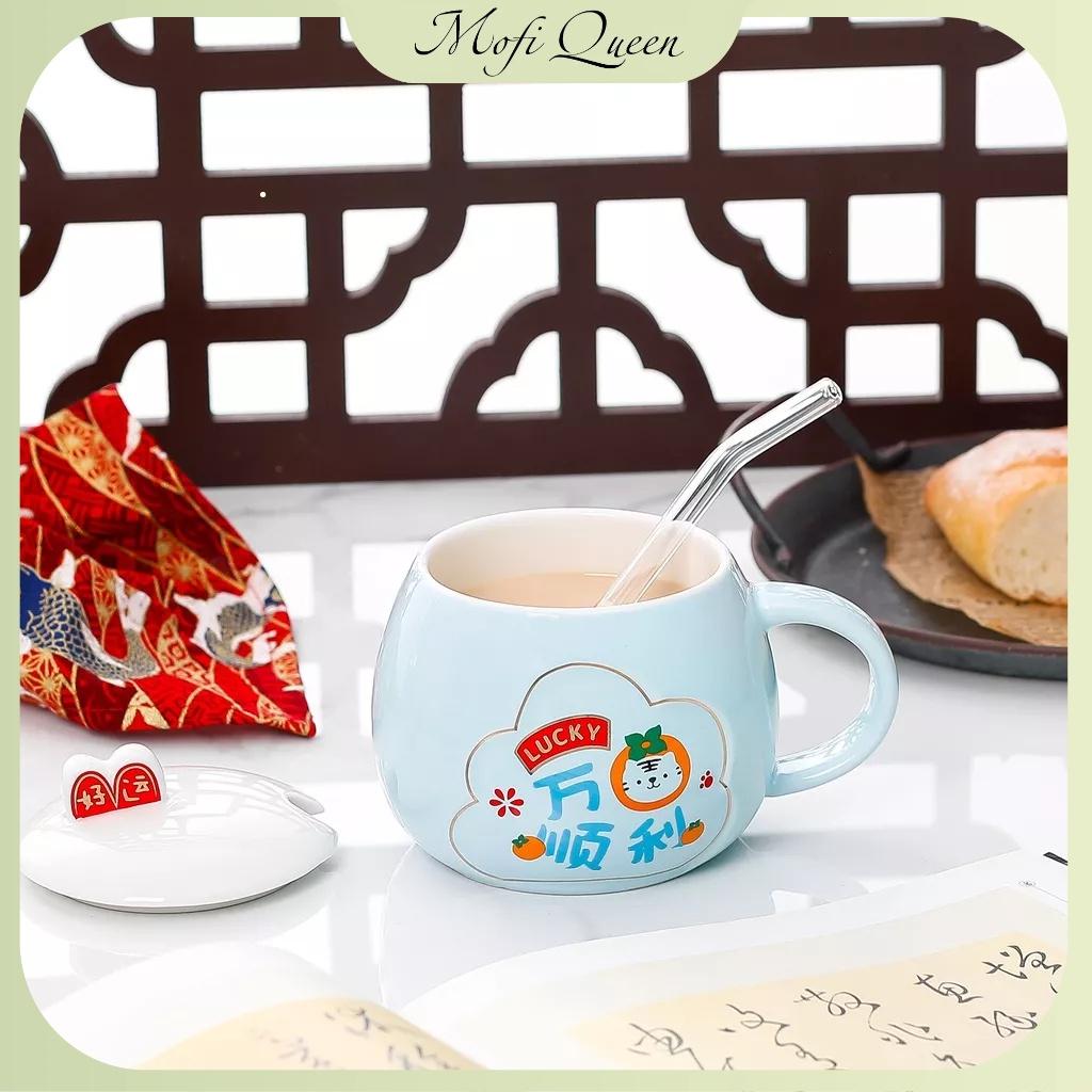 Cốc sứ có nắp, Sứ́, Quà lưu niệm, cute có nắp đậy, họa tiết bunny siêu đáng yêu 420ml