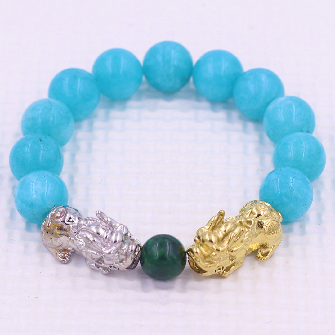Vòng chuỗi đeo tay đá ngọc tủy xanh biển 12 ly charm tỳ hưu đôi inox trắng và vàng, vòng chuỗi phong thủy, charm tỳ hưu, vòng tay hạt chuỗi
