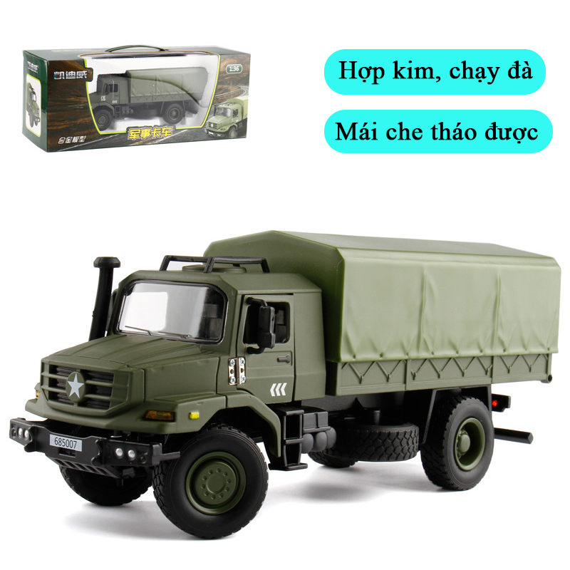Đồ chơi xe tải quân sự chở đồ tiếp tế cho quân đội chất liệu hợp kim, tháo được mái che, chạy đà