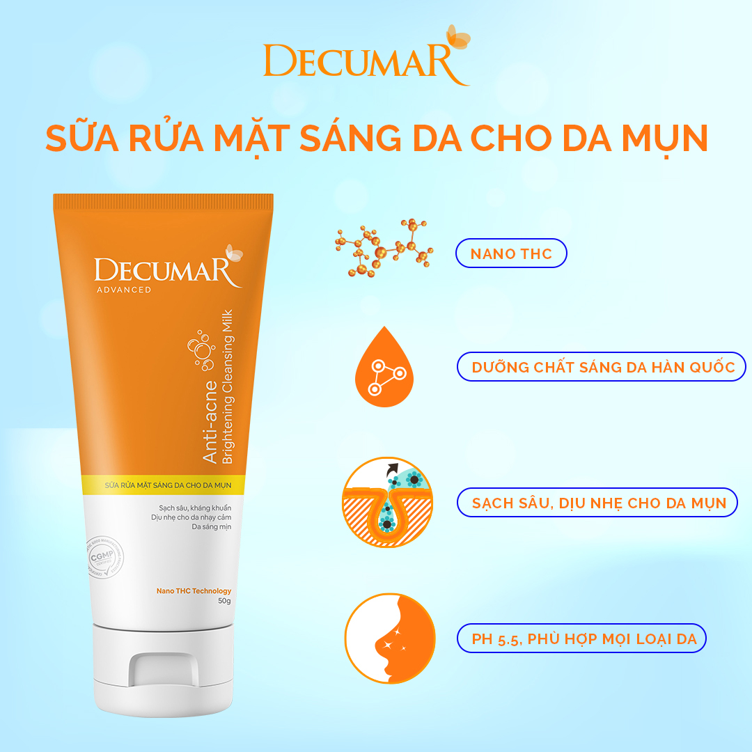 Combo 3 sản phẩm Ngừa Mụn Sáng Da sau mụn Decumar Advanced THC White (Gel mụn thâm + Gel rửa mặt sáng da+ Kem chống nắng phù hợp mọi loại da)