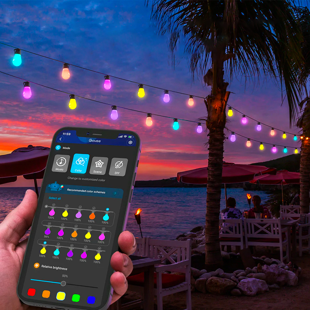 Đèn treo ngoài trời Govee RGBW 48ft Bluetooth &amp; Wi-Fi Outdoor String Lights H7020 | Thiết kế hiện đại | Khả năng chống thấm nước | Dễ dàng thao tác và lắp đặt