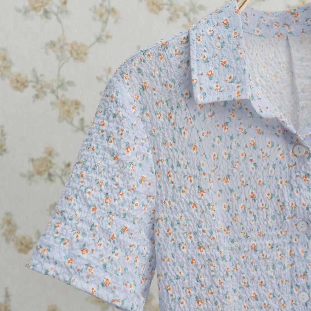 Váy sơ mi nữ cài khuy tay ngắn thắt eo dáng xòe hoa nhí màu baby blue chất thô xốp mềm mát