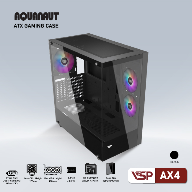 Vỏ máy tính Case VSP Aquanaut AX4 [ĐEN] 2 mặt kính (ATX/M-ATX/mATX) (Không kèm Fan) - Hàng chính hãng Tech Vision phân phối