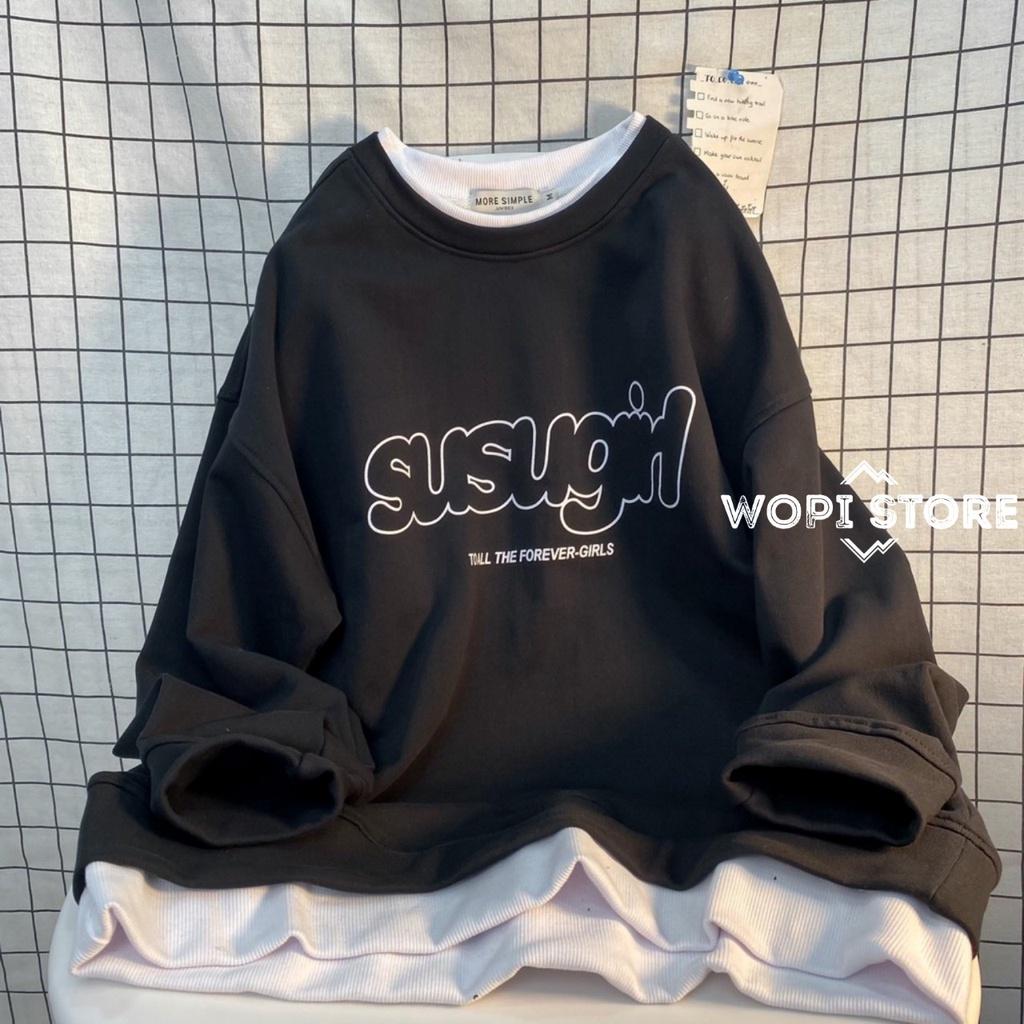 Áo Sweater Form Rộng Phối Layer SUSUGIRL Nỉ Bông Dày Dặn Ulzzang Unisex
