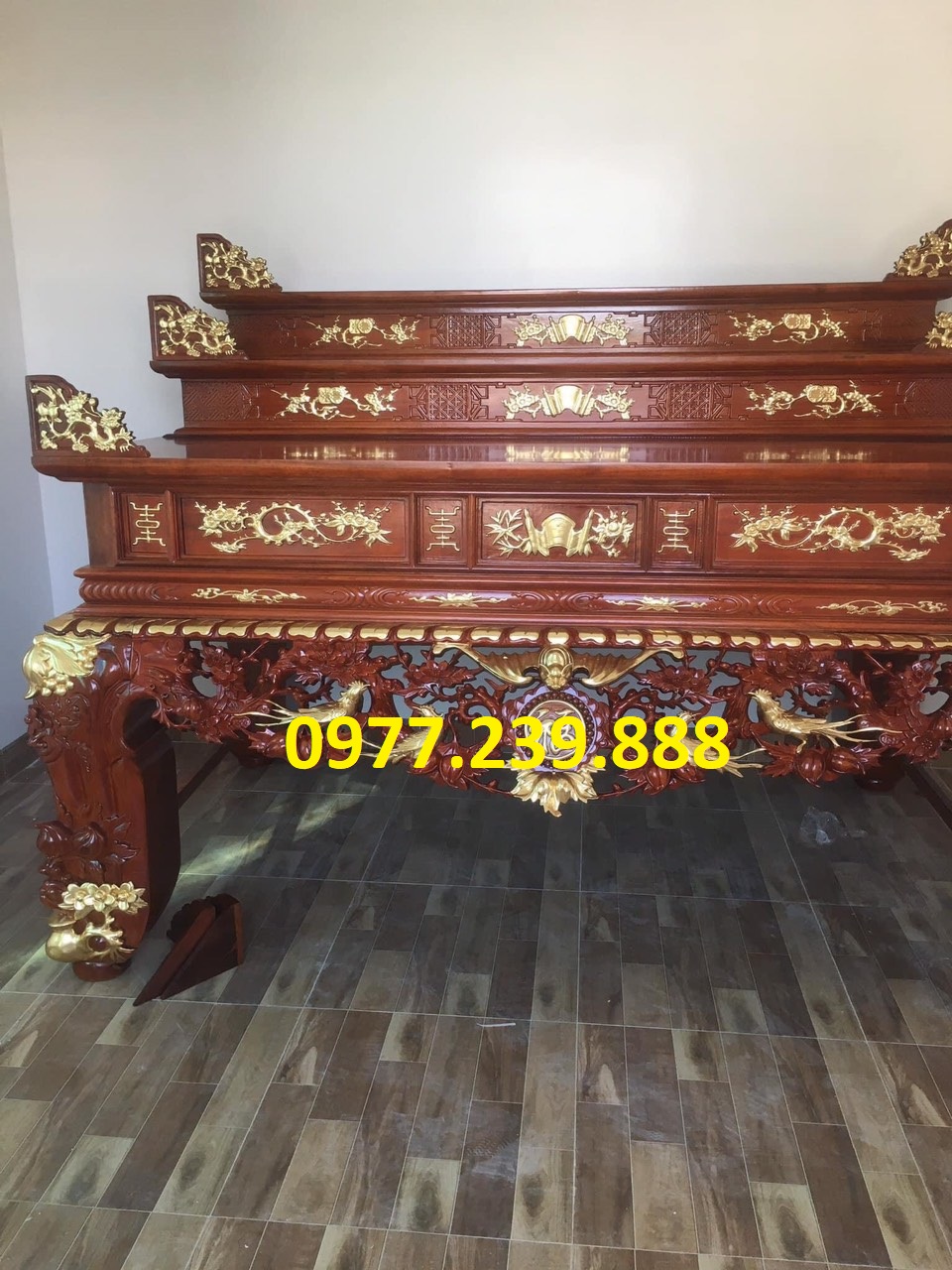 Sập thờ gỗ mít nam phi 3 cấp chân 22cm, dài 217cm