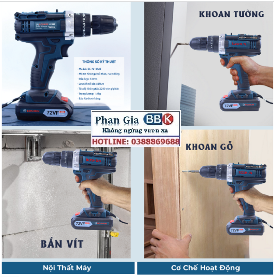 MÁY KHOAN PIN BẮT VÍT BOSHUN 72V CÓ BÚA - 3 CHỨC NĂNG - MOTOR 100% DÂY ĐỒNG - BẢO HÀNH 12 THÁNG