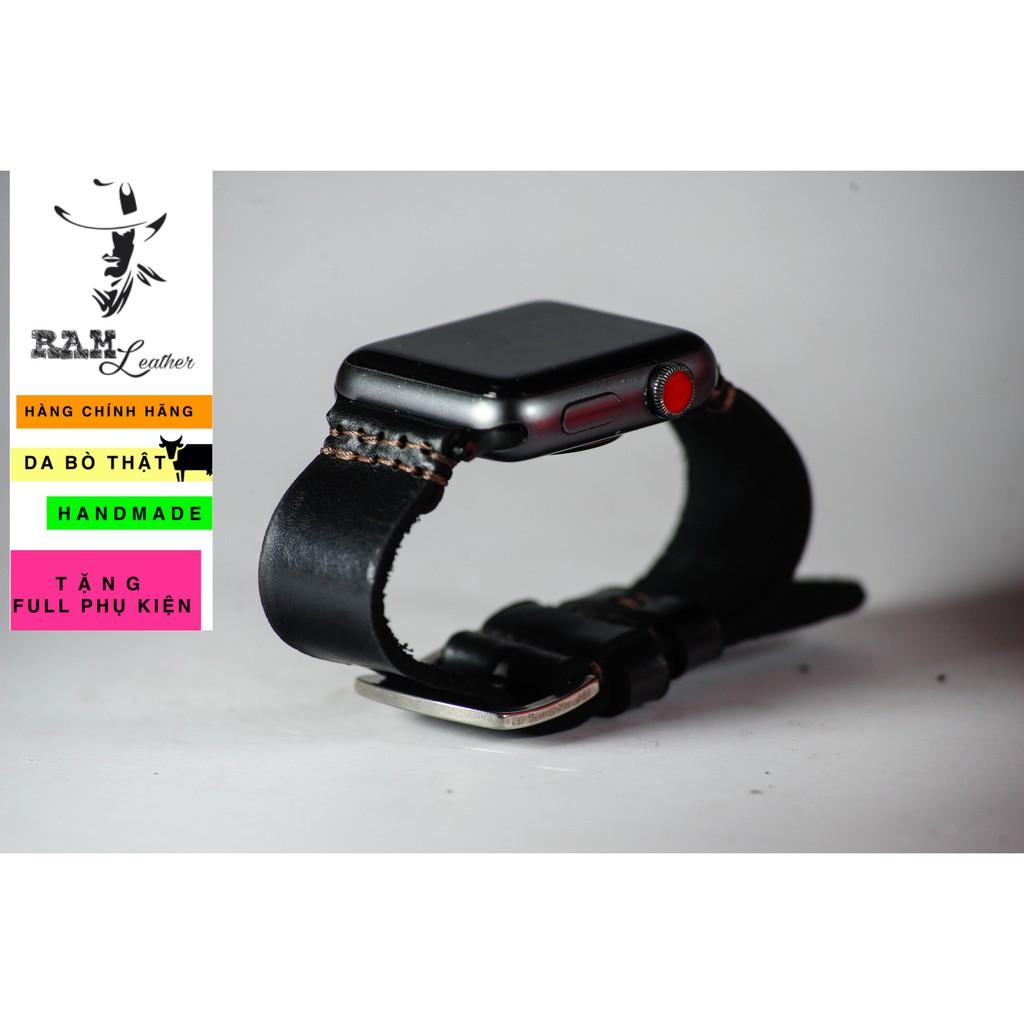 Dây đồng hồ da bò màu đen handmade bền chắc cao cấp RAM simple - tặng khóa chốt và cây thay dây