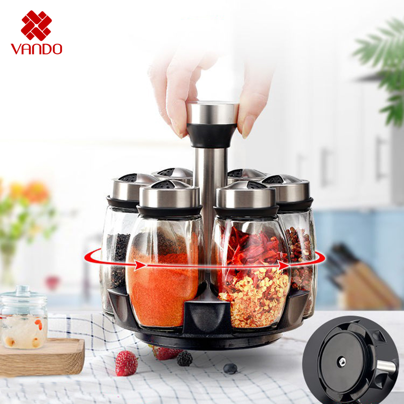 Bộ 6 lọ đựng gia vị thủy tinh chống vỡ xoay 360 độ,  Hũ đựng gia vị cao cấp loại 1 cho đồ dùng nhà bếp Vando