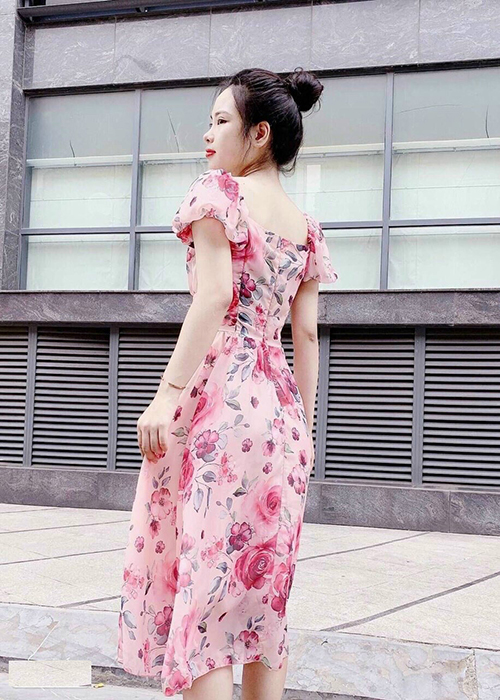 Đầm Xòe Tay Phồng Lụa Cao Cấp In Hoa Thời Trang