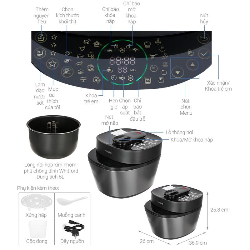 Nồi Áp Suất Điện Philips HD2151/66, 5.0Lit-1090W, Hệ thống kiểm soát hương vị,35 chương trình cài đặt sẵn, hàng chính hãng