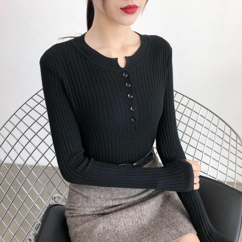 Áo len dài tay cổ tròn mềm mịn phối cúc Áo len dệt kim Quảng Châu cao cấp