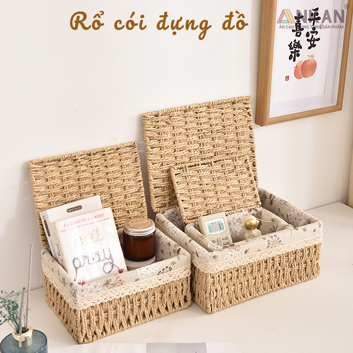 Giỏ mây có nắp đựng đồ, đựng thức ăn, phụ kiện, thích hợp trang trí decor trong nhà, giúp nhà bạn và nơi làm việc gọn gàng hơn nữa