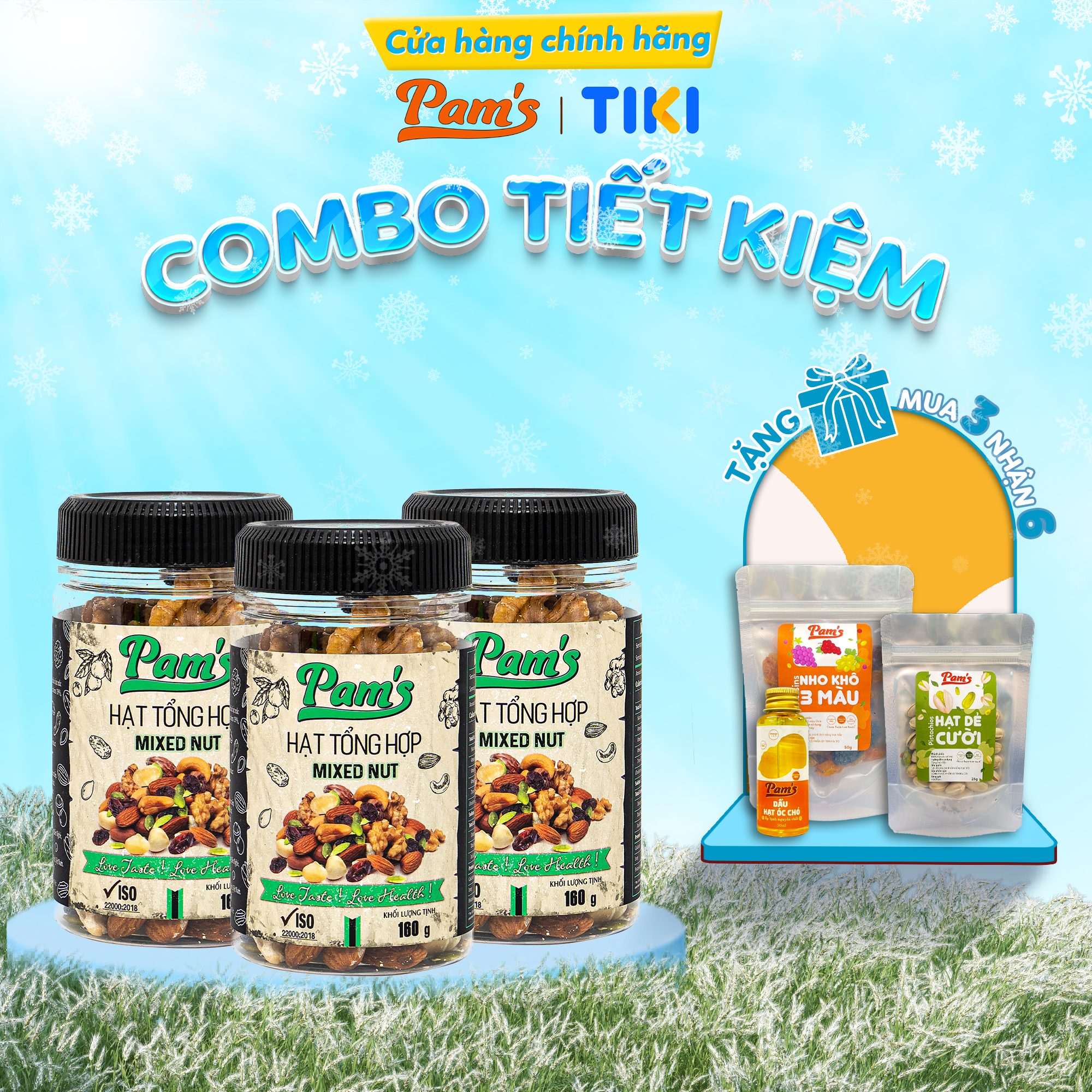 Combo 3 Hũ Ngũ Cốc Mix 6 Loại (Macca + Hạnh Nhân + Điều + Nhân Óc Chó + Hạt Bí + Nho Úc) Pam's