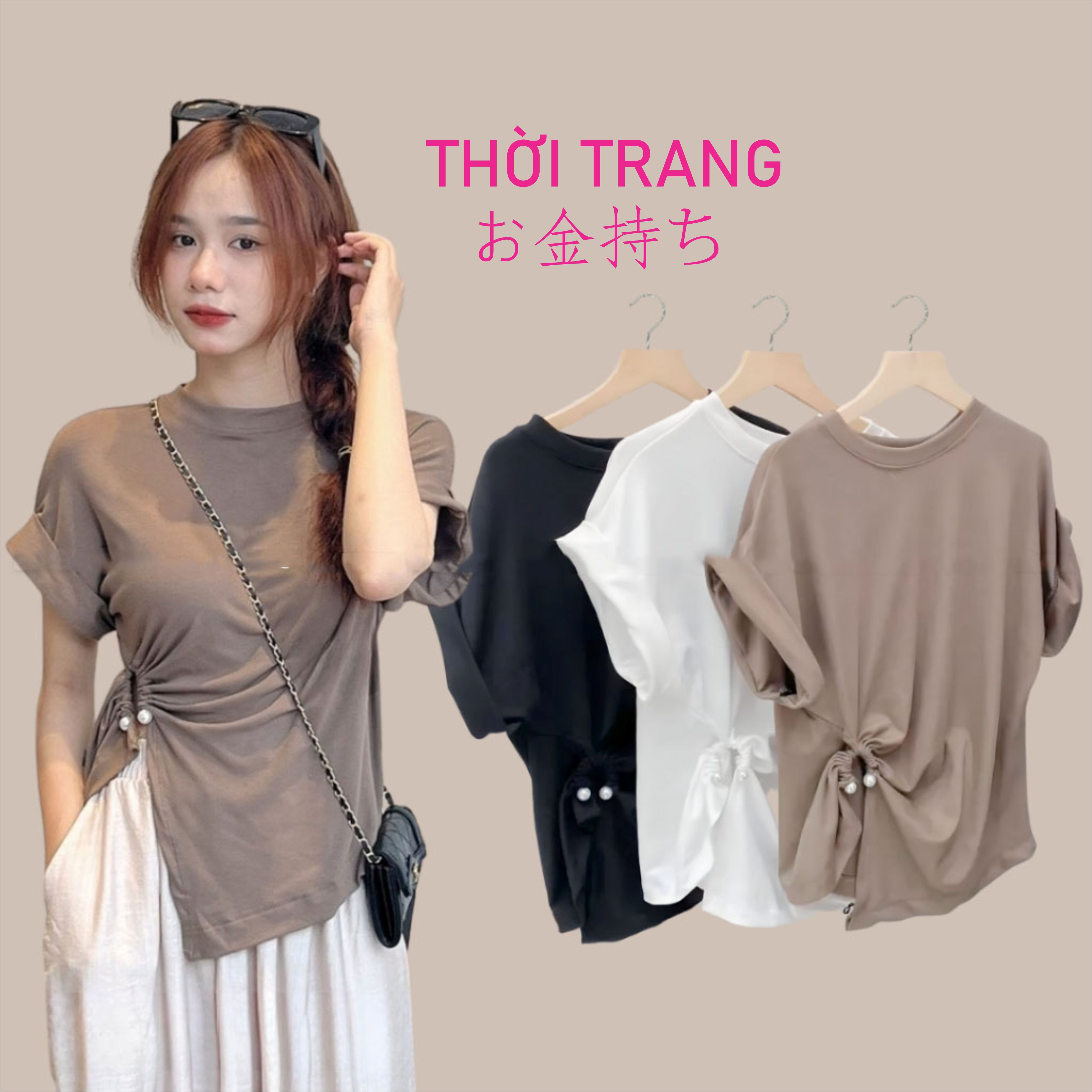 Áo thun nữ tay hến おかねもち áo thun trơn cổ tròn nhún eo có đính 2 viên ngọc 3120