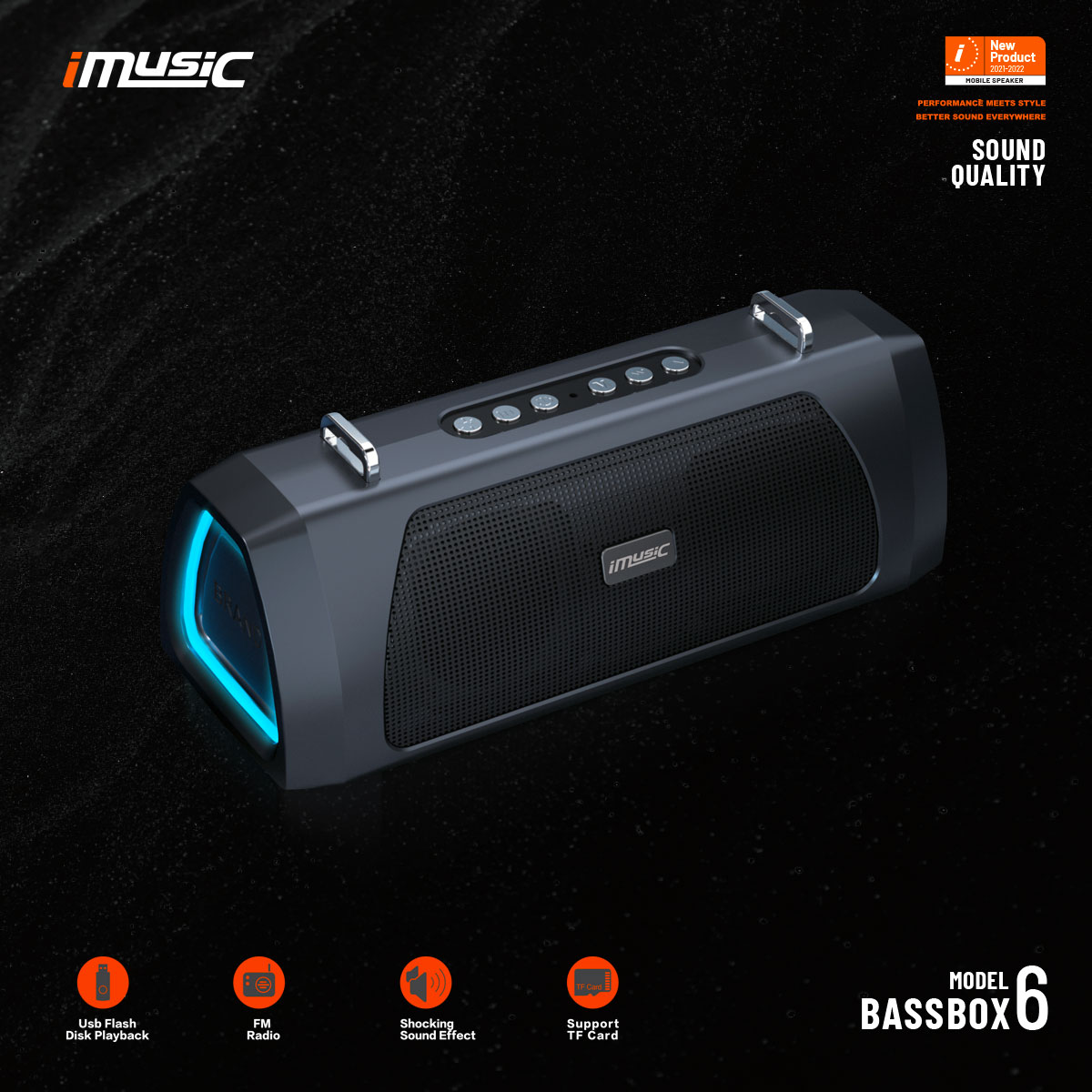 Loa Bluetooth BassBOX 6 công suất 20W hiệu ứng LED sử dụng liên tục trên 8 tiếng - Hàng chính hãng iMusic Vietnam