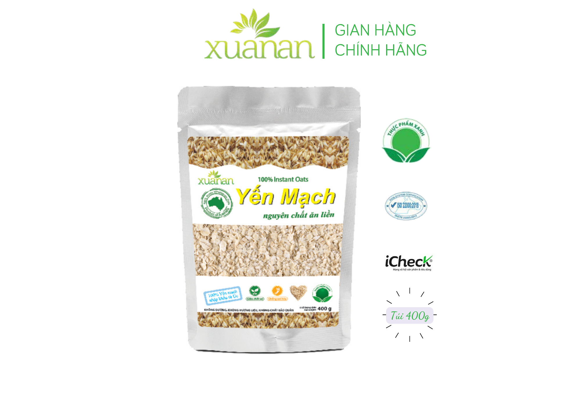 Yến Mạch Nguyên Chất Ăn Liền Xuân An [ko đường] Túi 400G(Tặng Kèm 1 Túi Yến Mạch 150G)