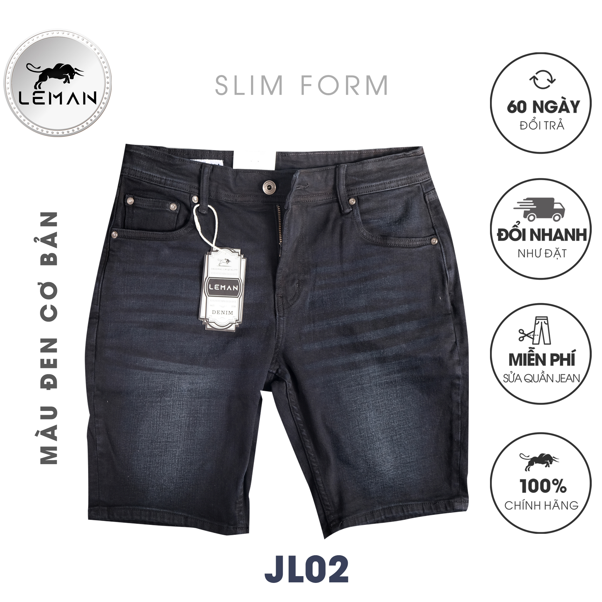 Quần Short Jean nam Leman đen trơn JL02 - Slim Form