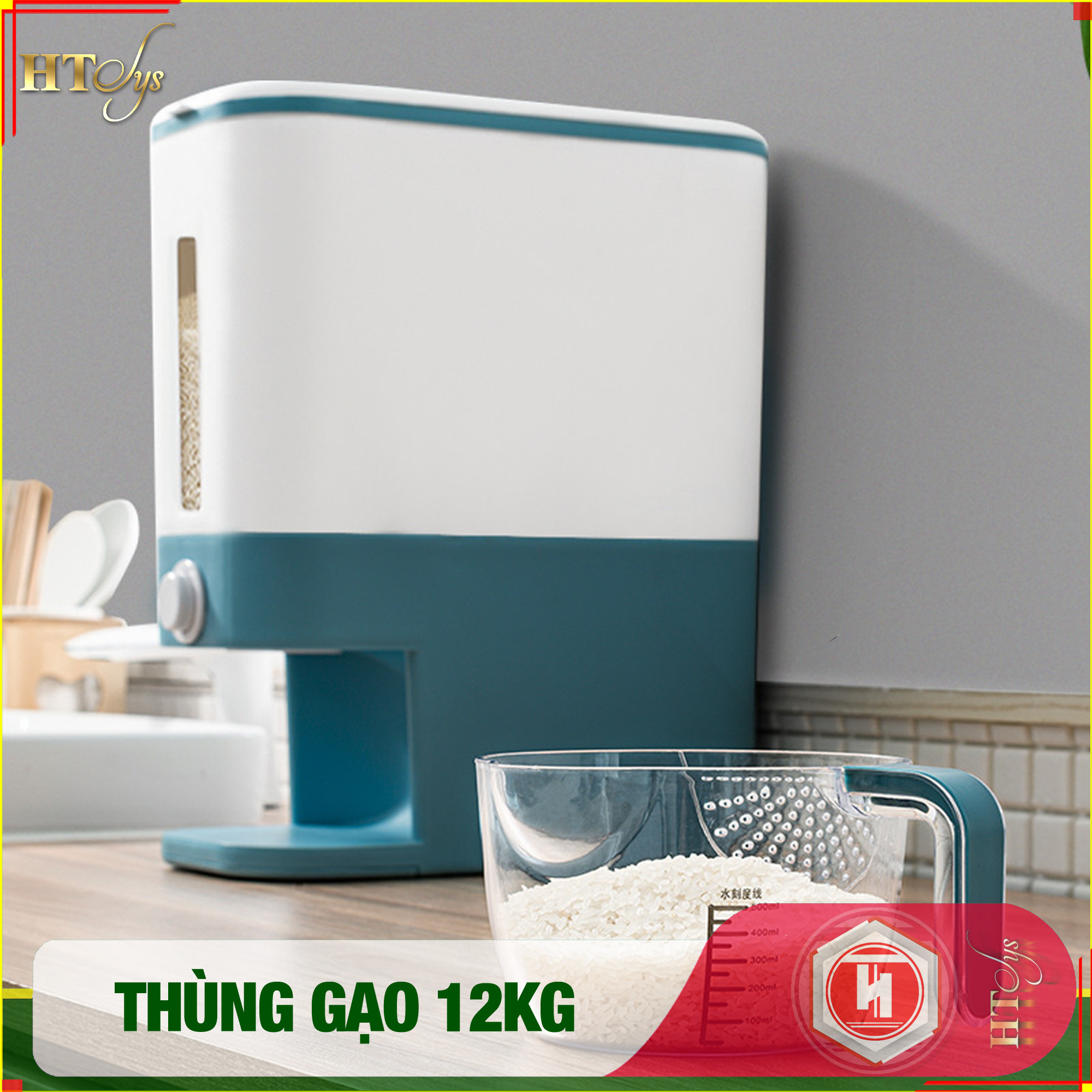 01 Thùng đựng gạo thông minh 12kg HT SYS, thiết kế dạng nhấn nút, chất liệu ABS cao cấp + 01 Vỉ móc Vàng Tài Lộc + 04 Khăn lau siêu thấm