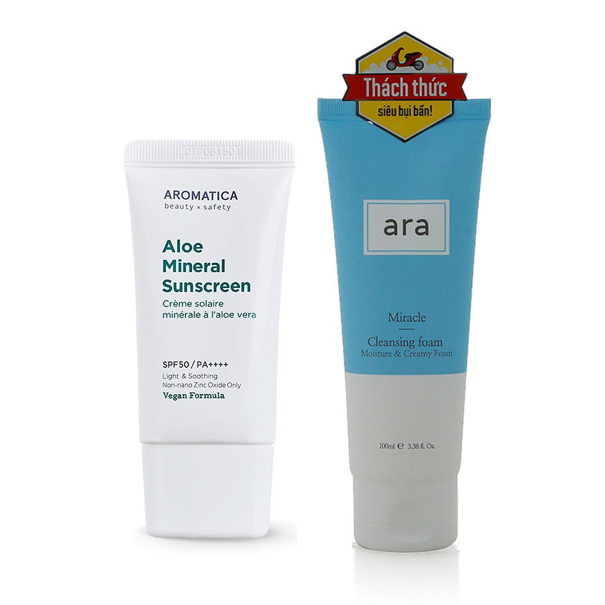 Combo Kem chống nắng chiết xuất lô hội hữu cơ Aromatica Aloe Mineral Sunscreen SPF 50 PA ++++50gr Và Sữa rửa mặt ARA Miracle Moisture &amp; Creamy Cleansing Foam (100g)