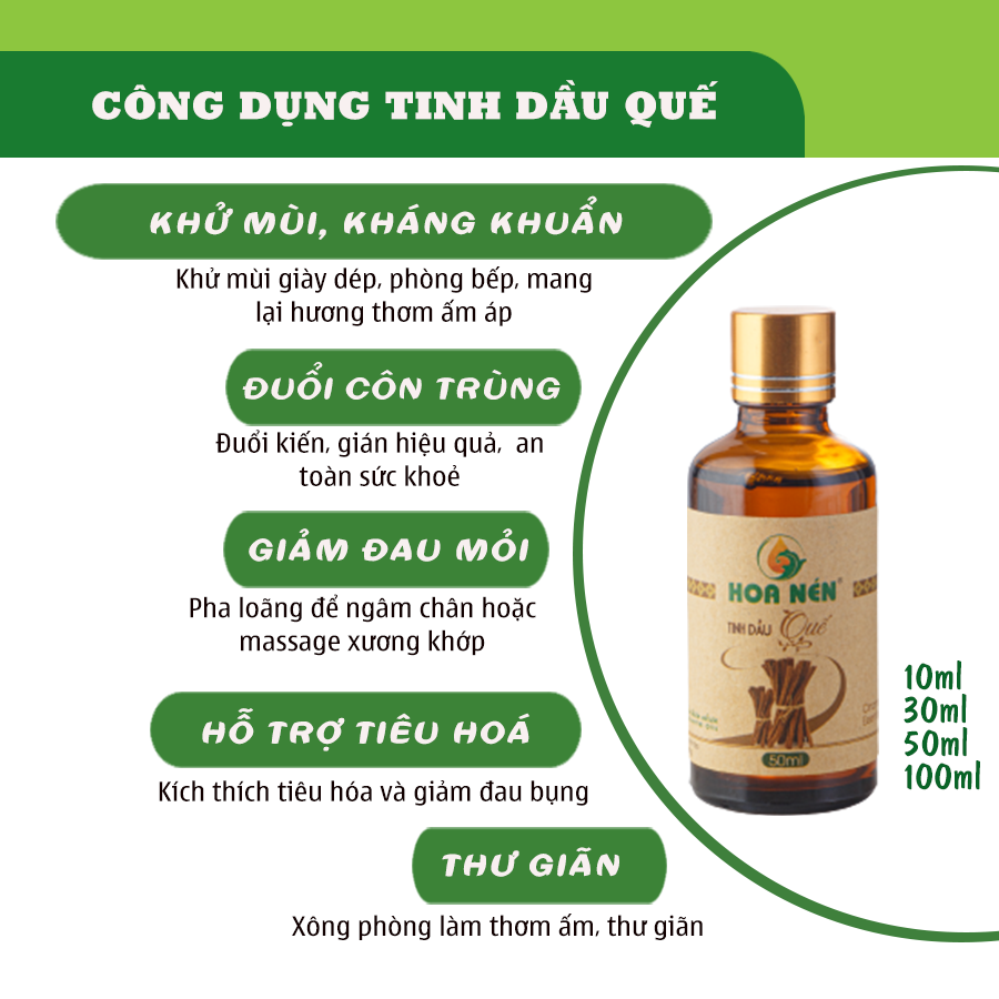 Tinh dầu Quế nguyên chất 10ml - Hoa Nén - Khử mùi, đuổi côn trùng, thanh lọc không khí