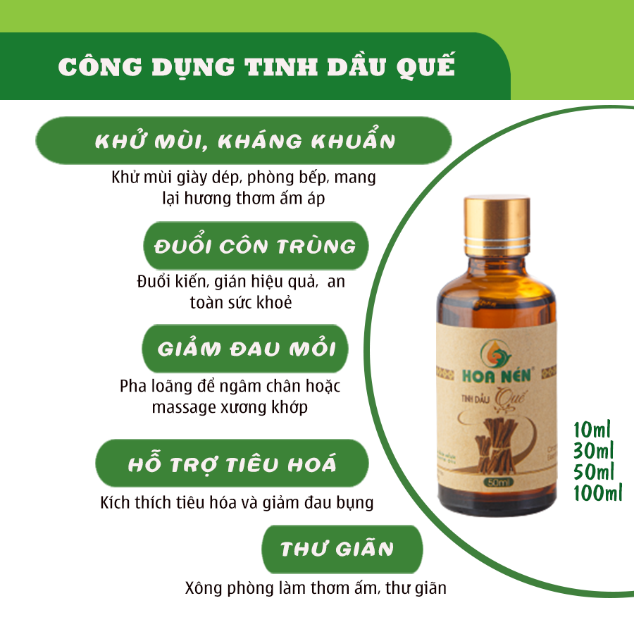 Tinh dầu Quế nguyên chất 50ml - Hoa Nén - Vegan - Đuổi côn trùng, khử mùi