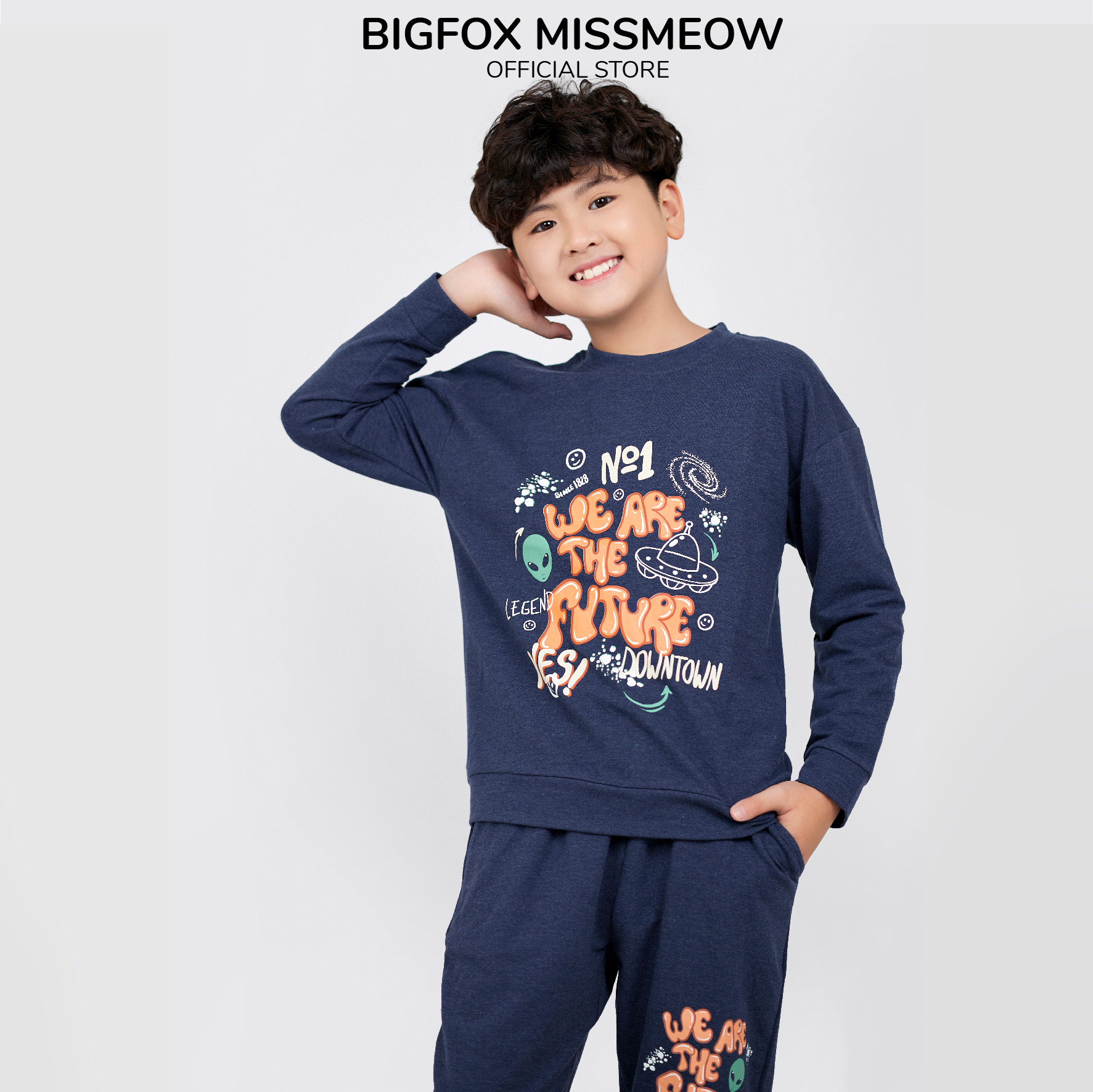 Bộ thu đông cho bé trai Bigfox Miss Meow chất nỉ dài tay thể thao style Hàn Quốc size đại trẻ em 12,15 tuổi 55kg