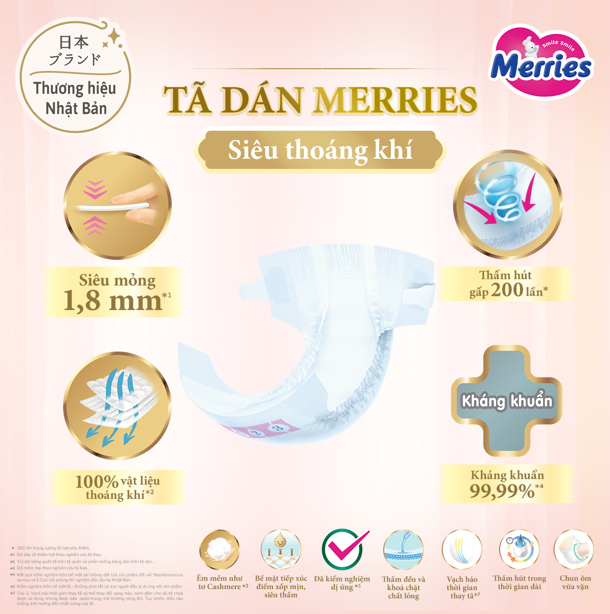 Tã Dán Merries Siêu Thoáng Khí Đủ Size NB62/S56/M48