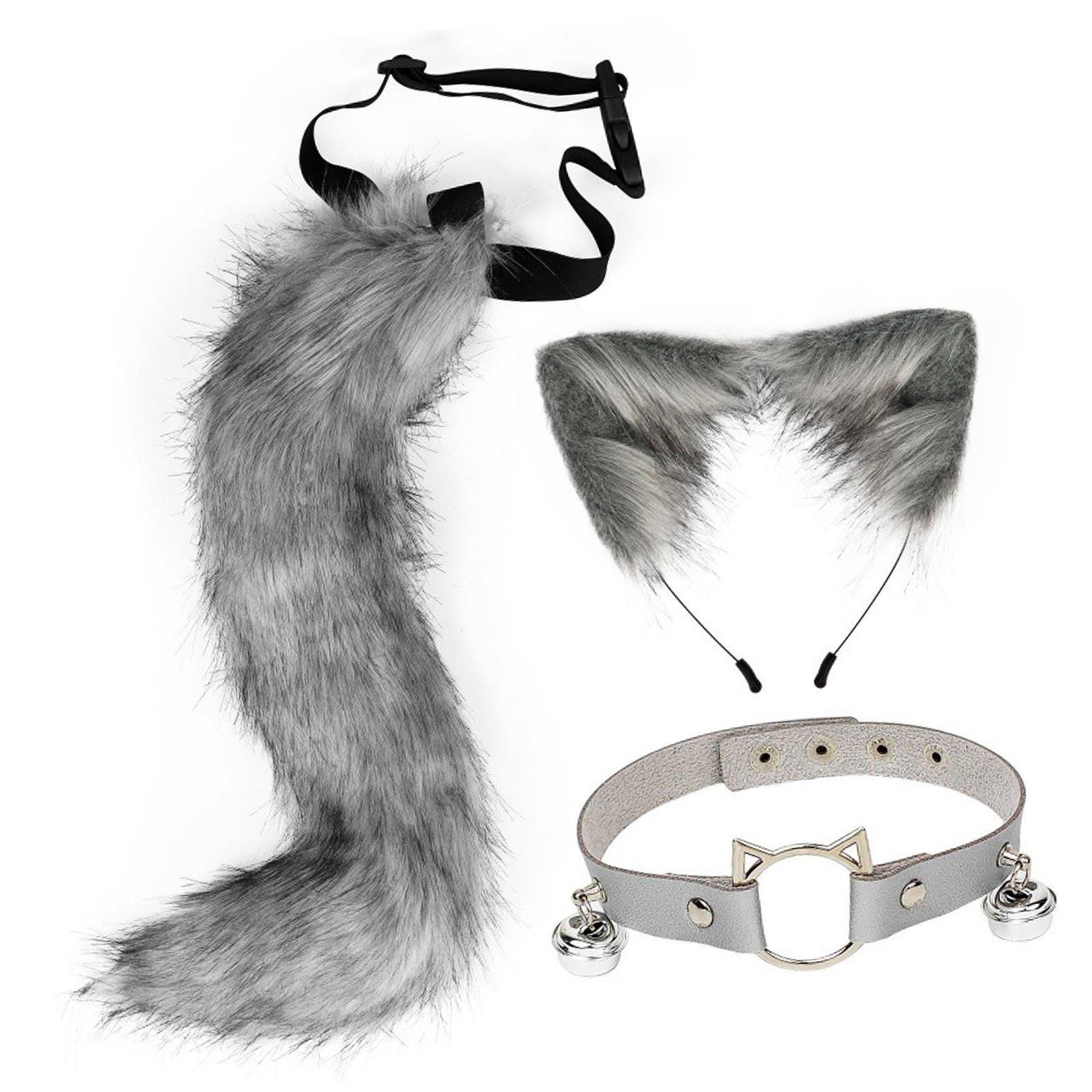 Ears and Long Tail Set Faux Plush Hair Hoop for Halloween Christmas Carnival