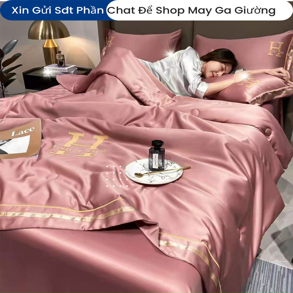 Bộ Chăn Ga Gối Nệm Đệm 5 Món Phi Lụa Chữ H Luxury Cao Cấp Bo Chun Drap Giường Chăn Chần Bông