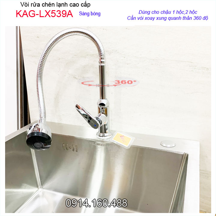Vòi chậu rửa chén bát lạnh KAG-LX539A cần bẻ, Vòi chậu lạnh lò xo tay gạt vần trăng ống mềm nước mạnh sử dụng tốt