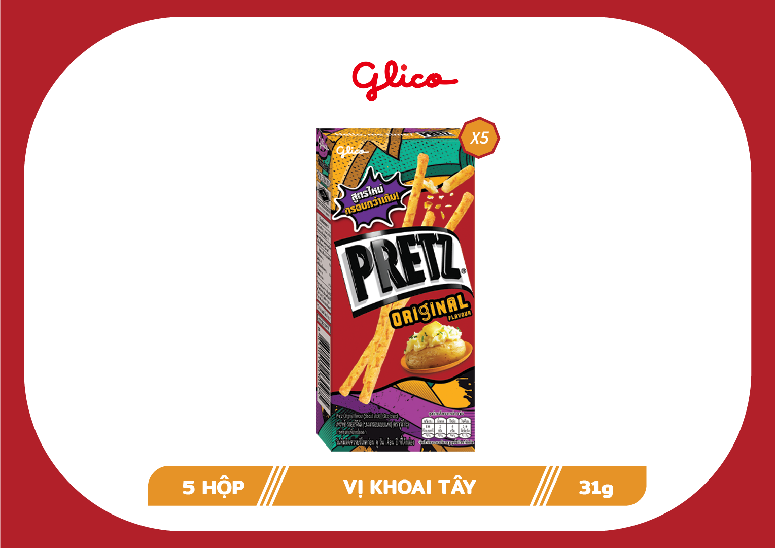 Bánh que nướng giòn vị khoai tây GLICO Pretz Original Flavour 31g (Combo 5 hộp)