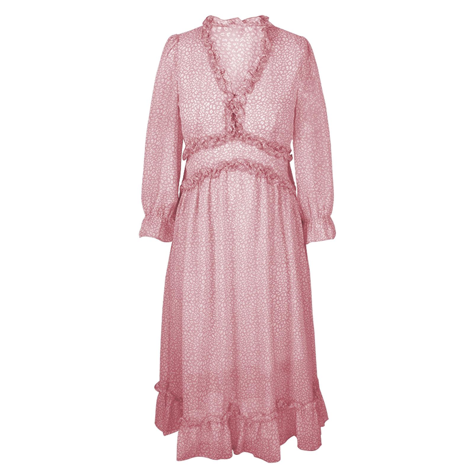 Women Dress Floral V Neck Ruffle High Waist Puff Long Sleeve Chiffon Casual Loose Long Dress