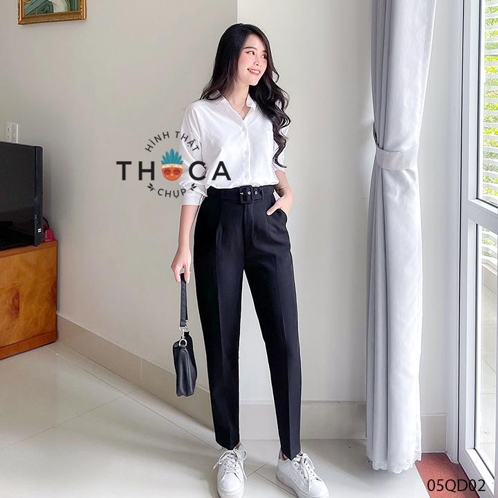 Quần baggy nữ công sở trơn đen cạp cao kèm thắt lưng THOCA HOUSE có size, chuẩn form chuyên nghiệp