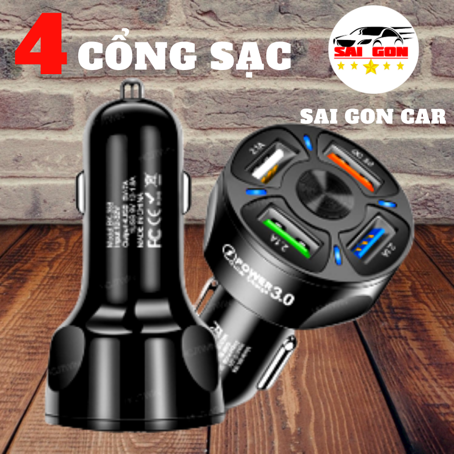 Tẩu sạc nhanh ô tô chia 4 cổng sạc, có tích hợp đèn led, hỗ trợ sạc nhanh QC 3.0, điện áp đầu vào 12V đến 32V