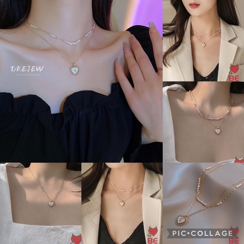 N189 Dây chuyền nhiều lớp mặt trái tim đính hạt ngọc phong cách Hàn Quốc thời trang cá tính dành cho nữ