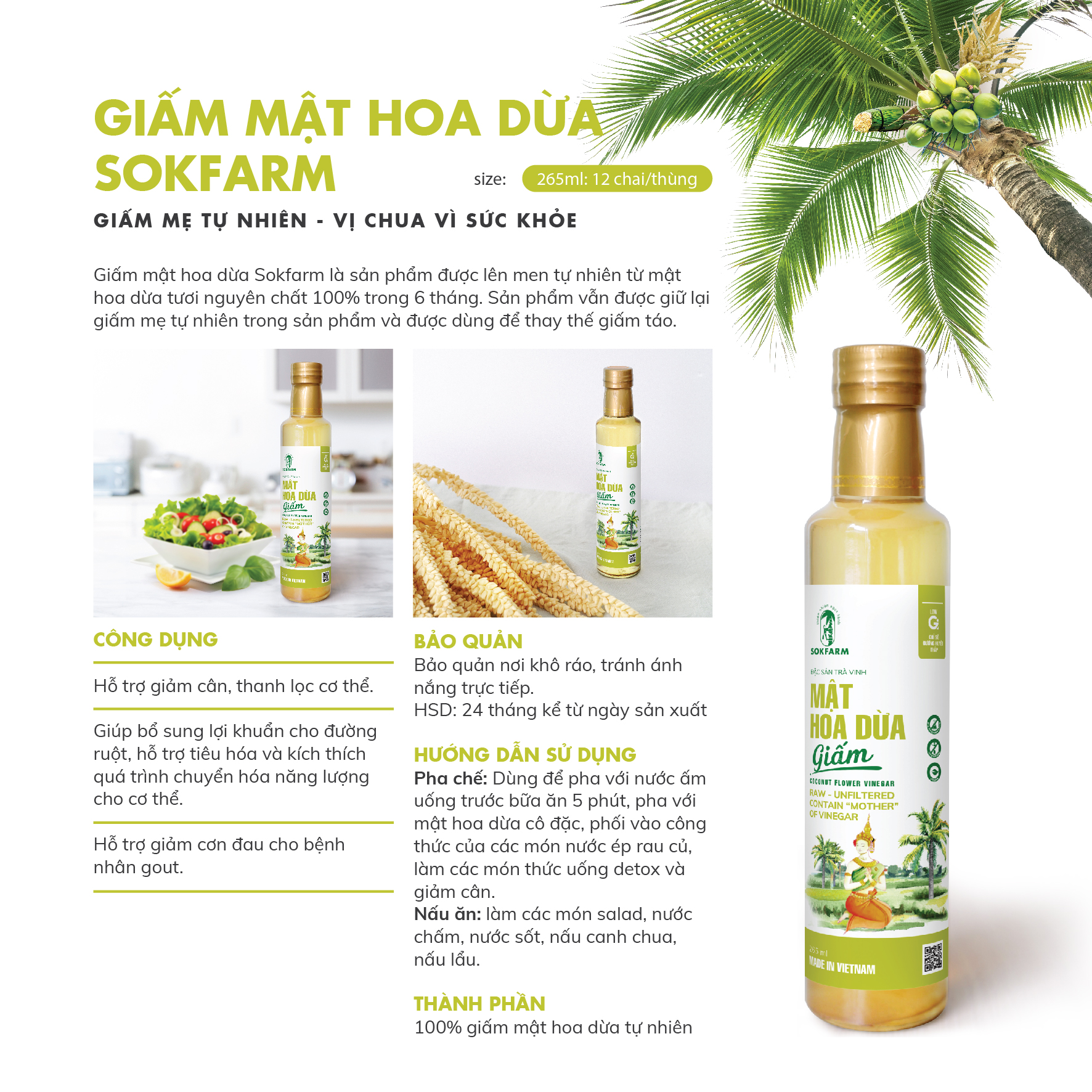 Dấm mật hoa dừa Sokfarm - 265ml - Bổ sung lợi khuẩn, kích thích tiêu hóa, hỗ trợ giảm đau cho người bị GUT, lên men tự nhiên trong vòng 6 tháng