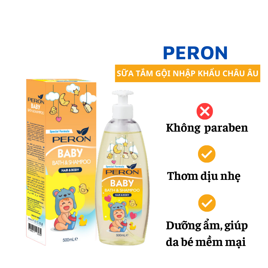 Sữa Tắm Gội Ngừa Rôm Sảy, Mụn Sữa - Peron Baby - Sữa Tắm Không Chứa Paraben, An Toàn Cho Trẻ Sơ Sinh